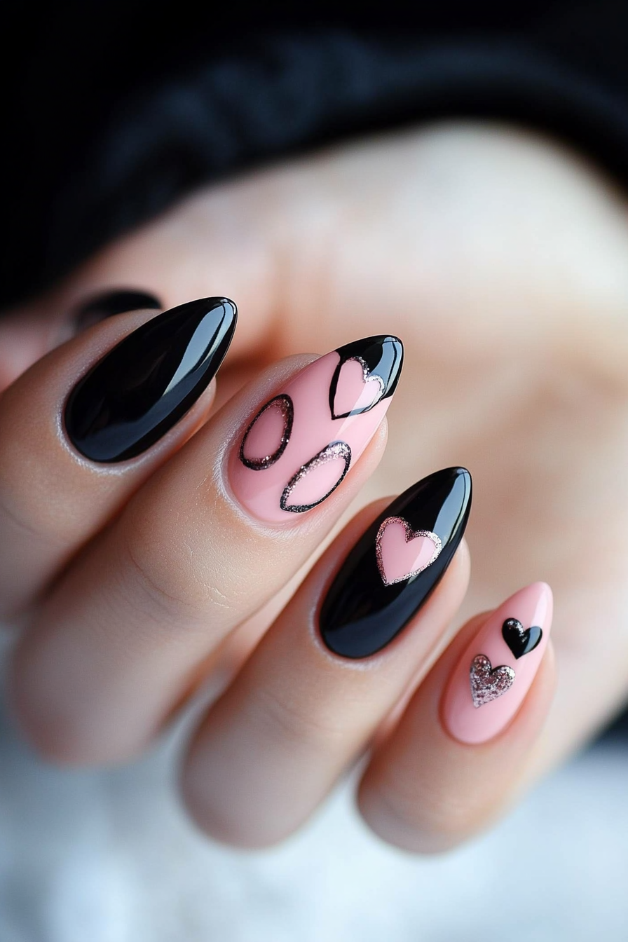 8. Heart Motifs (Pink And Black Nail Design Ideas) - Pink And Black Nail Design Ideas
