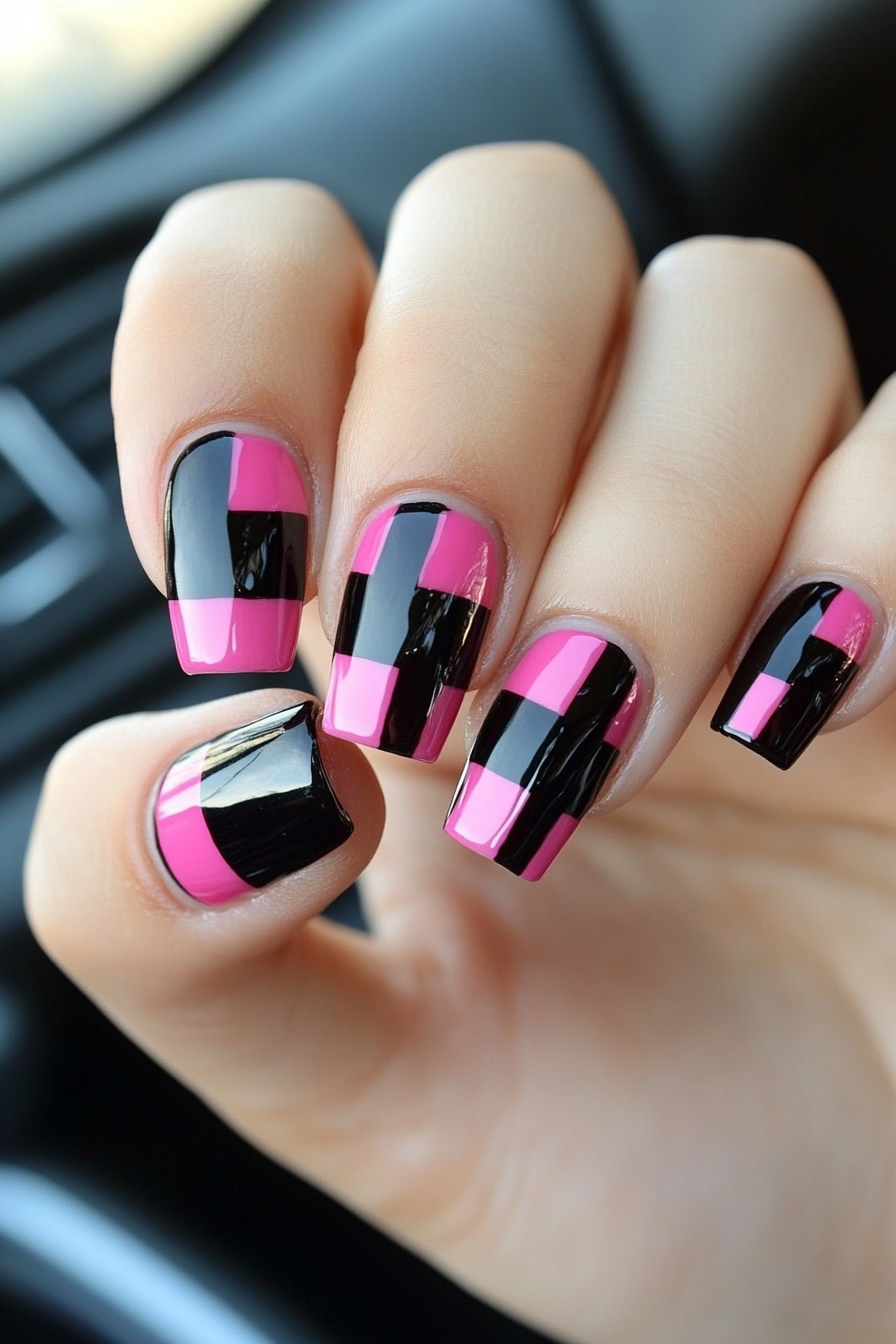 12. Checkerboard Chic (Pink And Black Nail Design Ideas) - Pink And Black Nail Design Ideas