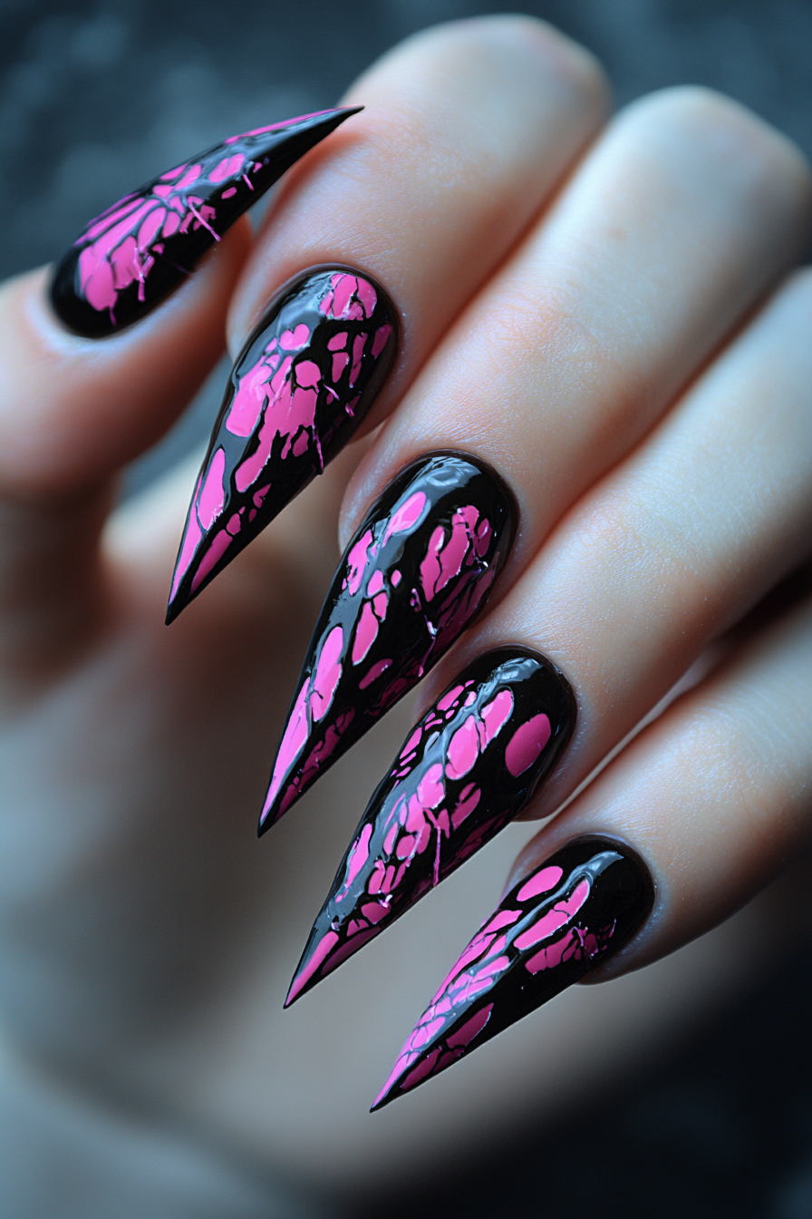 15. Stiletto Nails with Edgy Art (Pink And Black Nail Design Ideas) - Pink And Black Nail Design Ideas