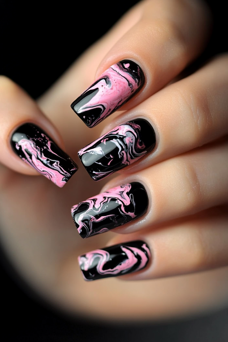 17. Marble Effect (Pink And Black Nail Design Ideas) - Pink And Black Nail Design Ideas