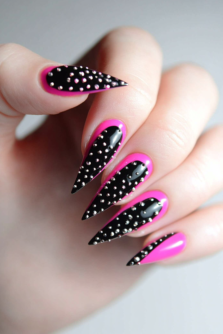 18. Studded Accents (Pink And Black Nail Design Ideas) - Pink And Black Nail Design Ideas