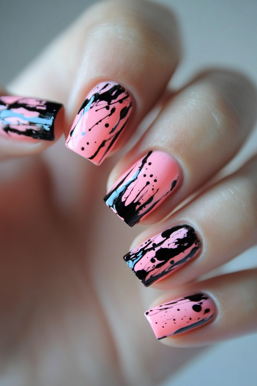 21. Abstract Art Splashes (Pink And Black Nail Design Ideas) - Pink And Black Nail Design Ideas