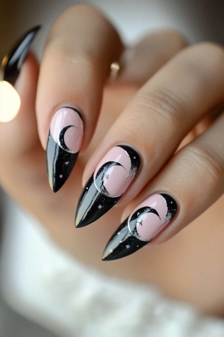22. Moon Phases Design (Pink And Black Nail Design Ideas) - Pink And Black Nail Design Ideas