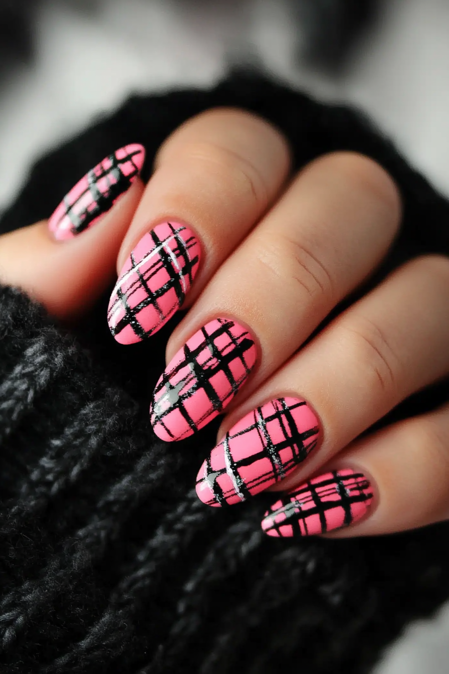 23. Plaid Patterns (Pink And Black Nail Design Ideas) - Pink And Black Nail Design Ideas
