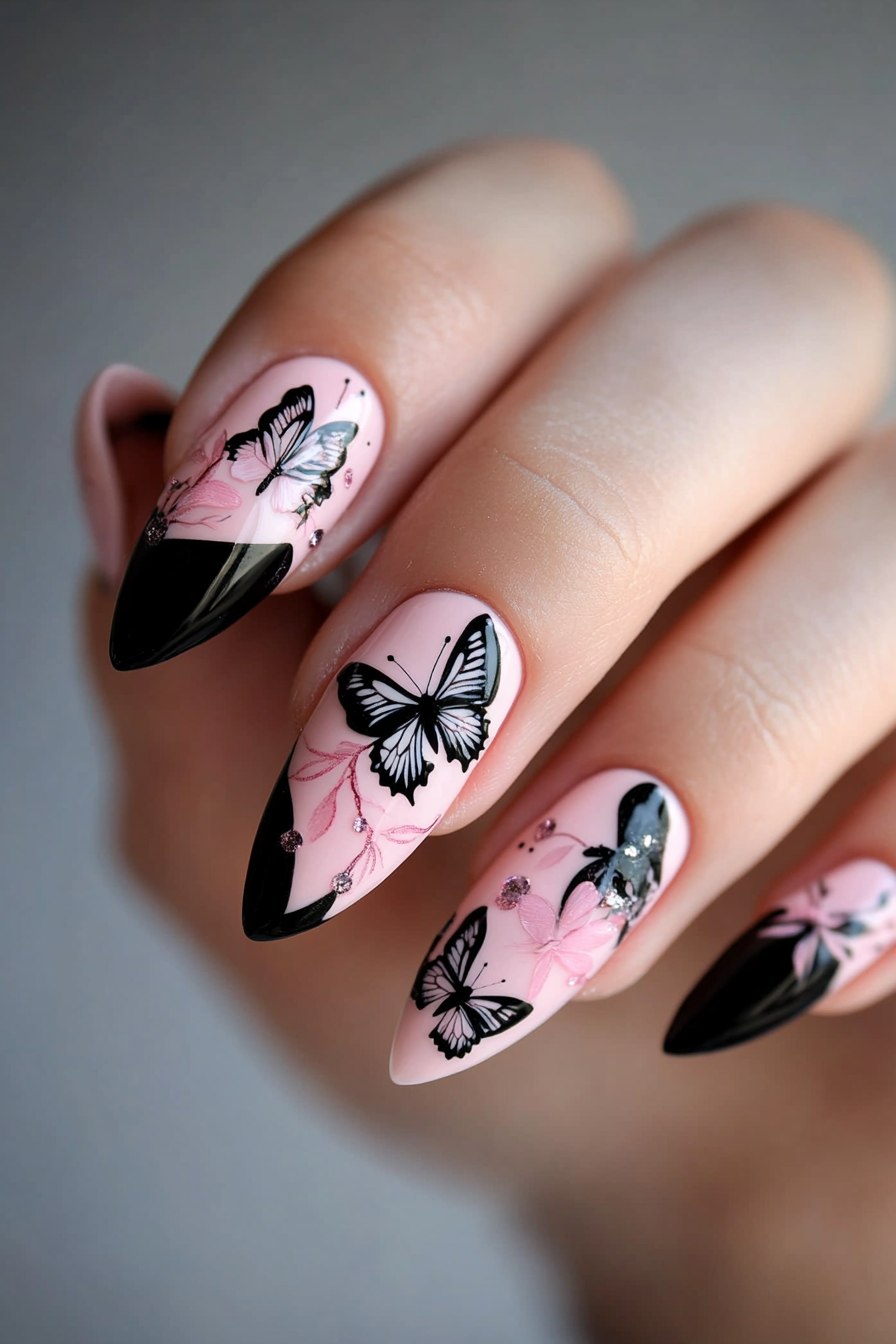 24. Butterfly Silhouettes (Pink And Black Nail Design Ideas) - Pink And Black Nail Design Ideas