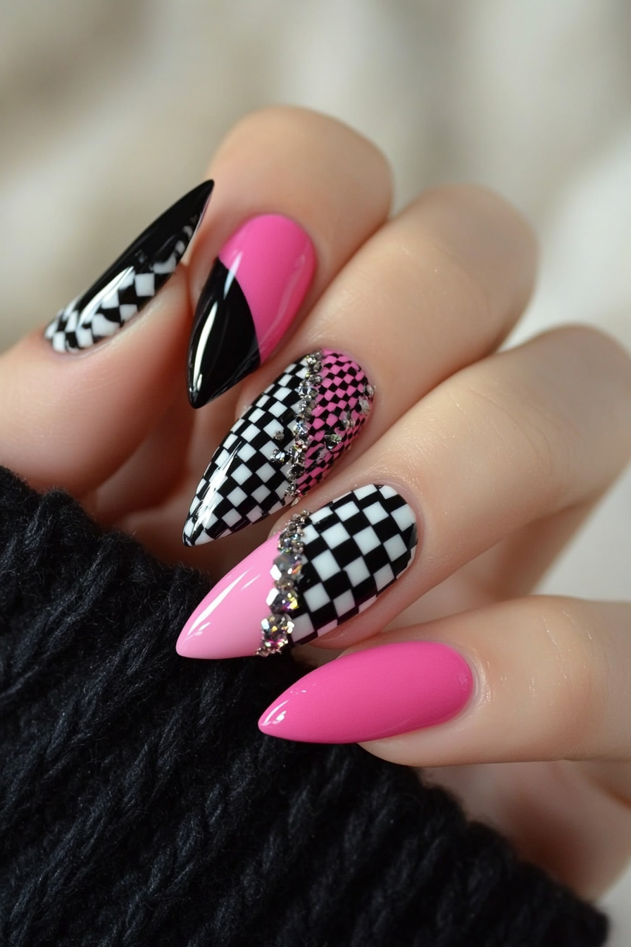 27. Houndstooth Pattern (Pink And Black Nail Design Ideas) - Pink And Black Nail Design Ideas