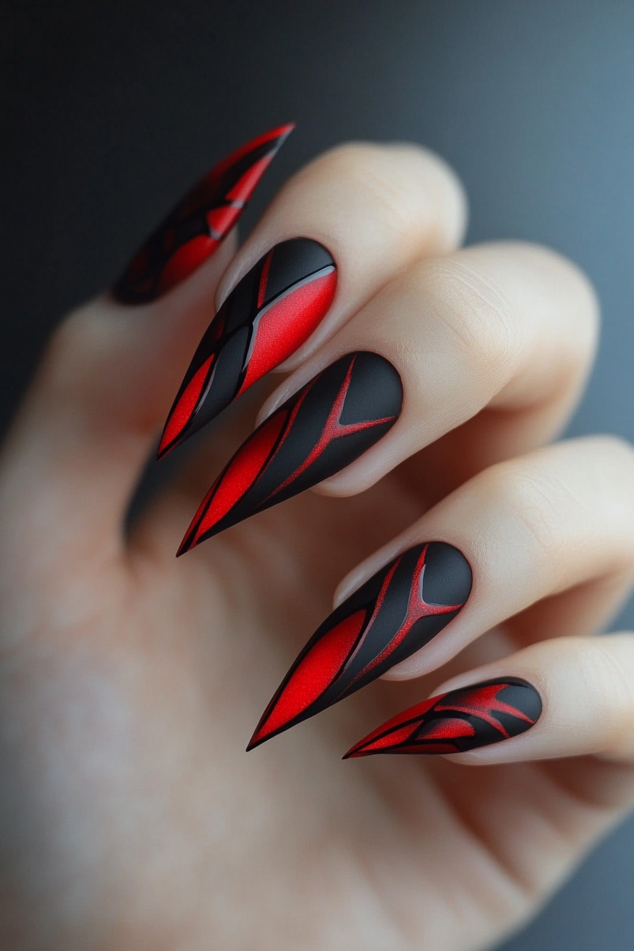 2. Black Matte with Red Glossy Accents (Red And Black Nail Design Ideas) - Red And Black Nail Design Ideas
