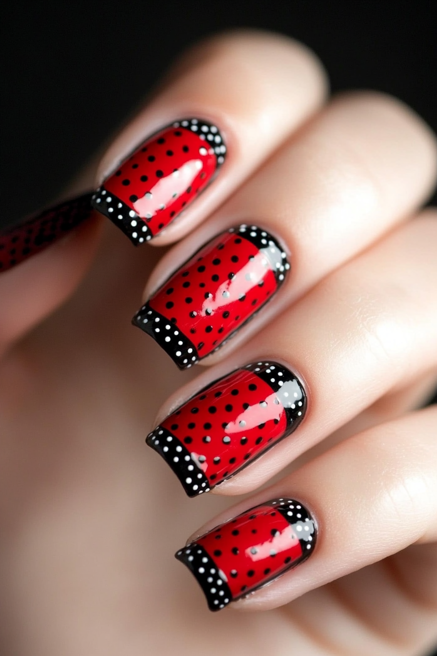 4. Cherry Red Nails with Black Polka Dots (Red And Black Nail Design Ideas) - Red And Black Nail Design Ideas