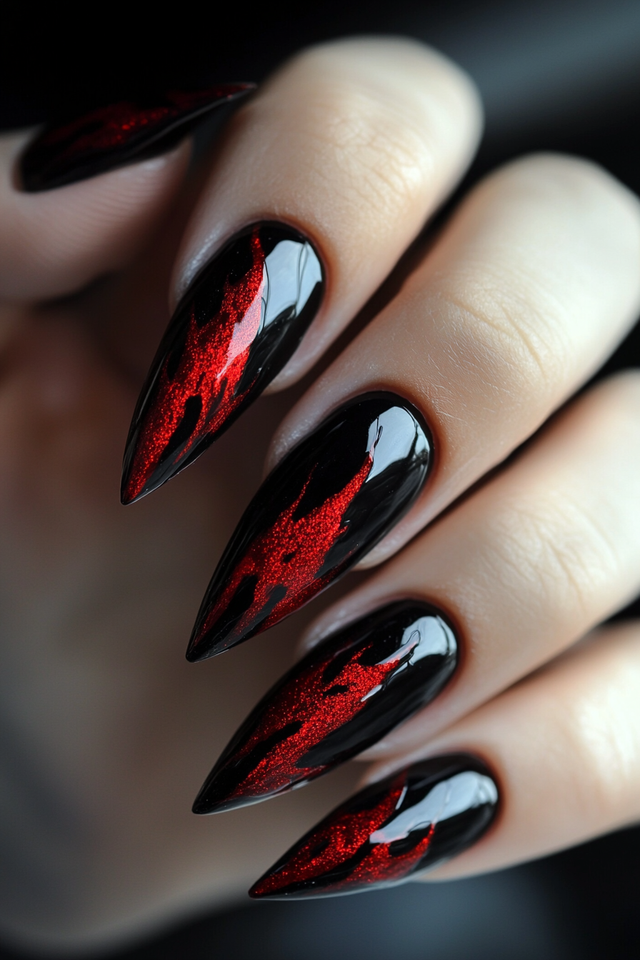 5. Black Nails with Red Flames (Red And Black Nail Design Ideas) - Red And Black Nail Design Ideas