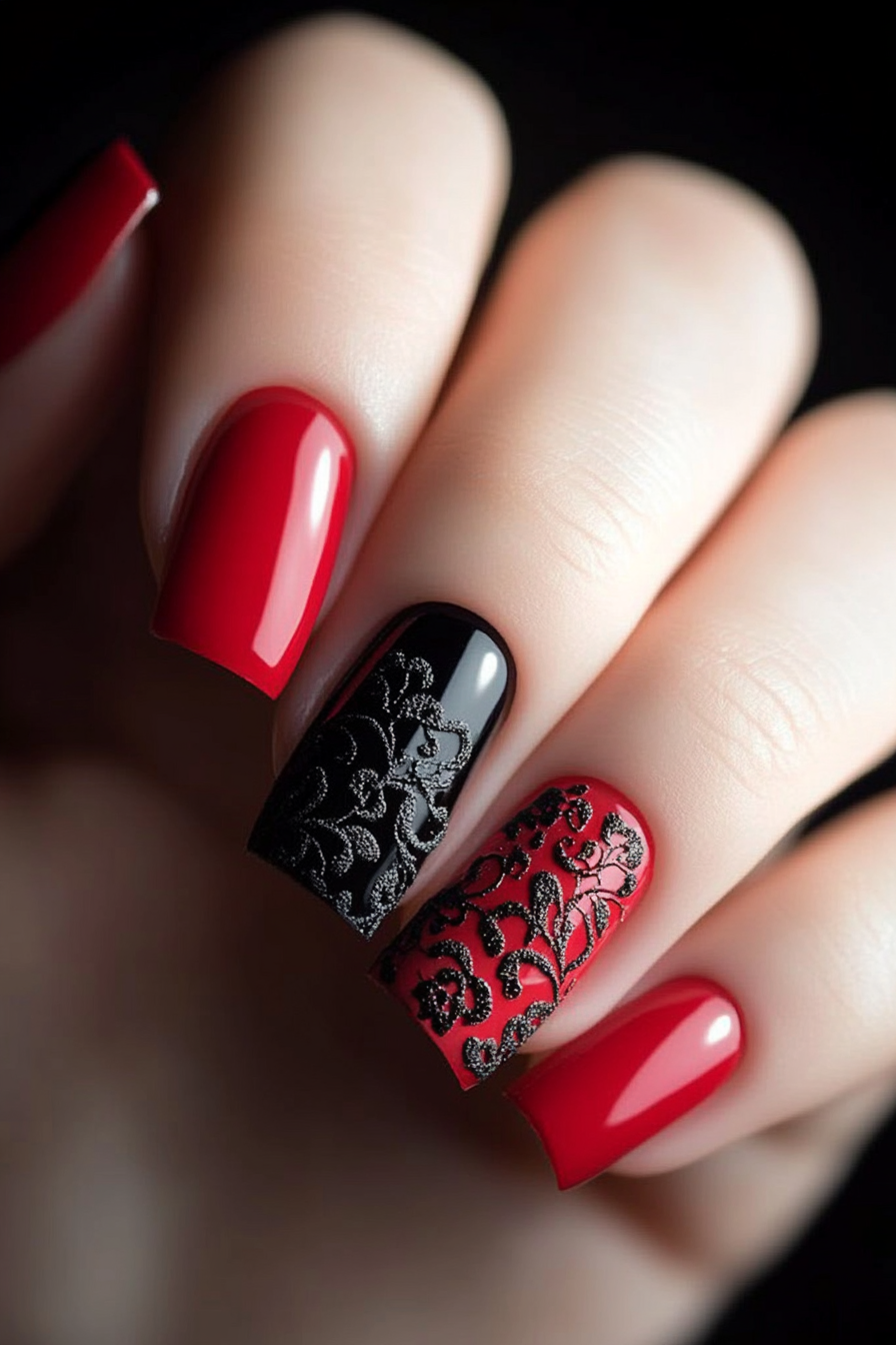 6. Red Base with Black Lace Patterns (Red And Black Nail Design Ideas) - Red And Black Nail Design Ideas