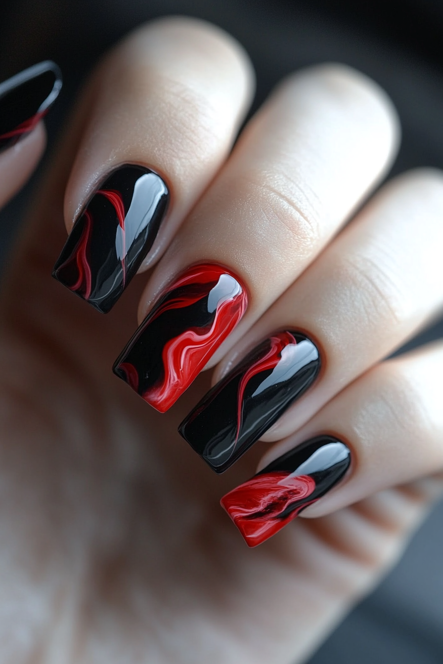 7. Black and Red Marble Effect (Red And Black Nail Design Ideas) - Red And Black Nail Design Ideas