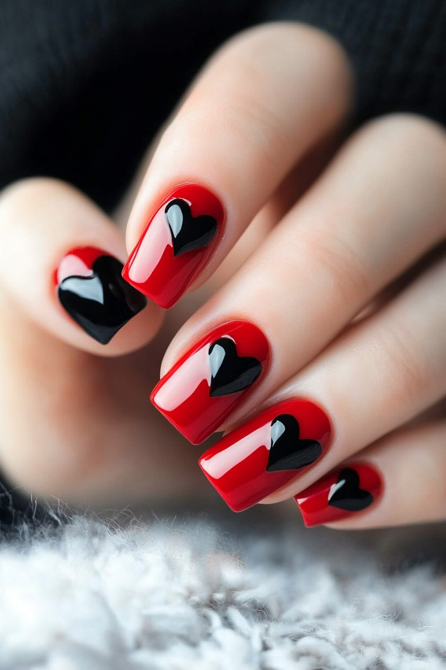 8. Red Nails with Black Heart Accents (Red And Black Nail Design Ideas) - Red And Black Nail Design Ideas