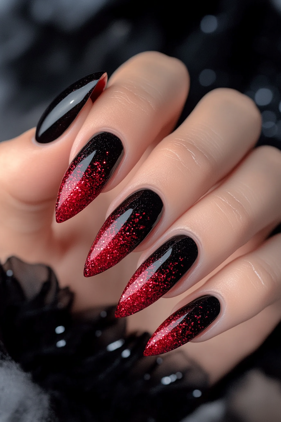 9. Black Nails with Red Glitter Gradient (Red And Black Nail Design Ideas) - Red And Black Nail Design Ideas