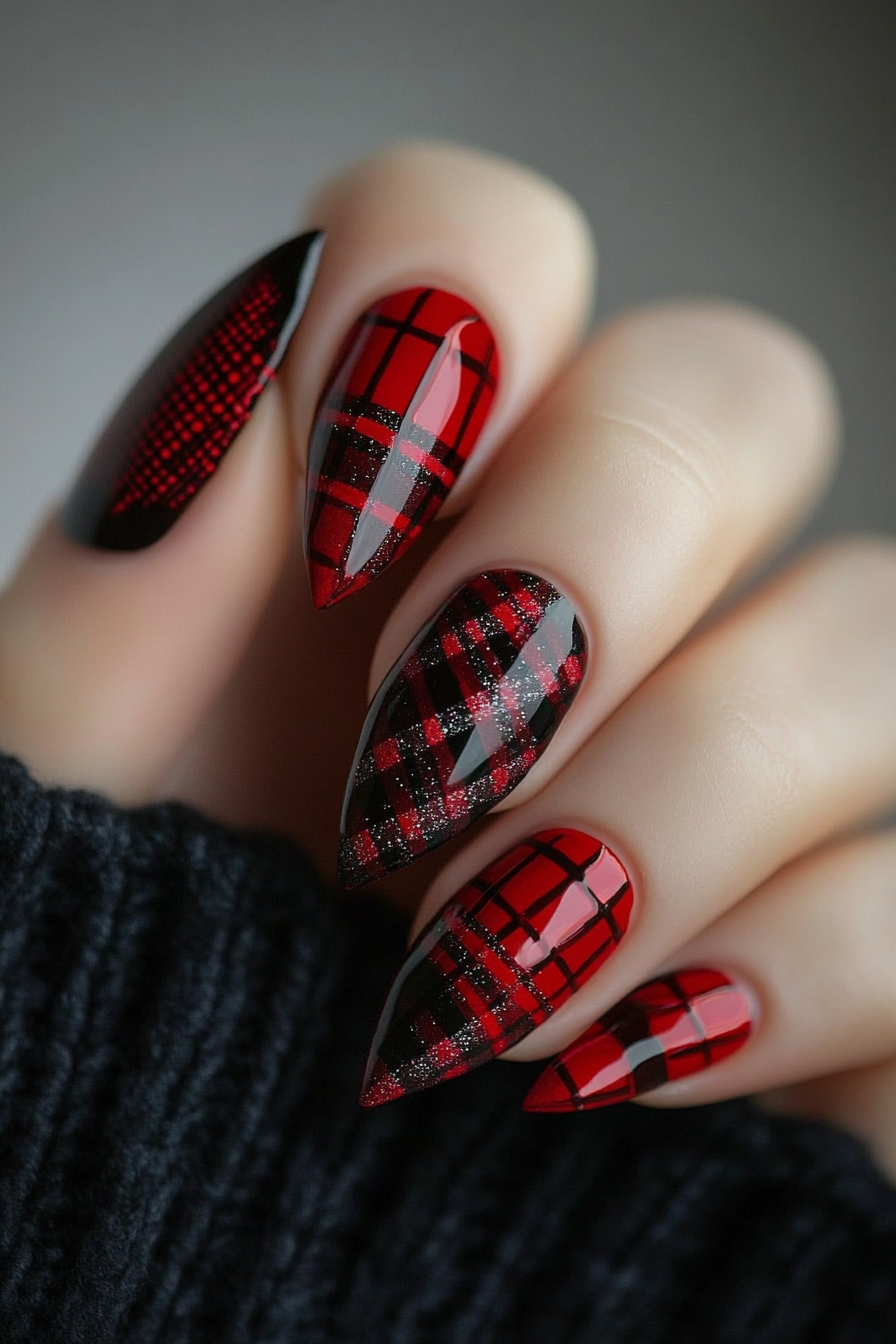 10. Red and Black Plaid Design (Red And Black Nail Design Ideas) - Red And Black Nail Design Ideas