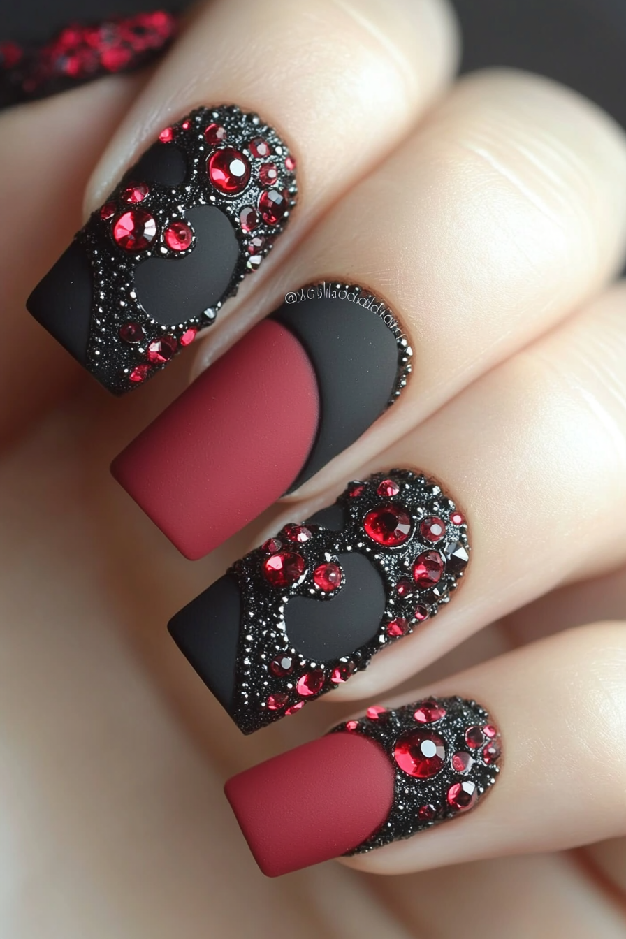 11. Matte Black Nails with Red Rhinestones (Red And Black Nail Design Ideas) - Red And Black Nail Design Ideas