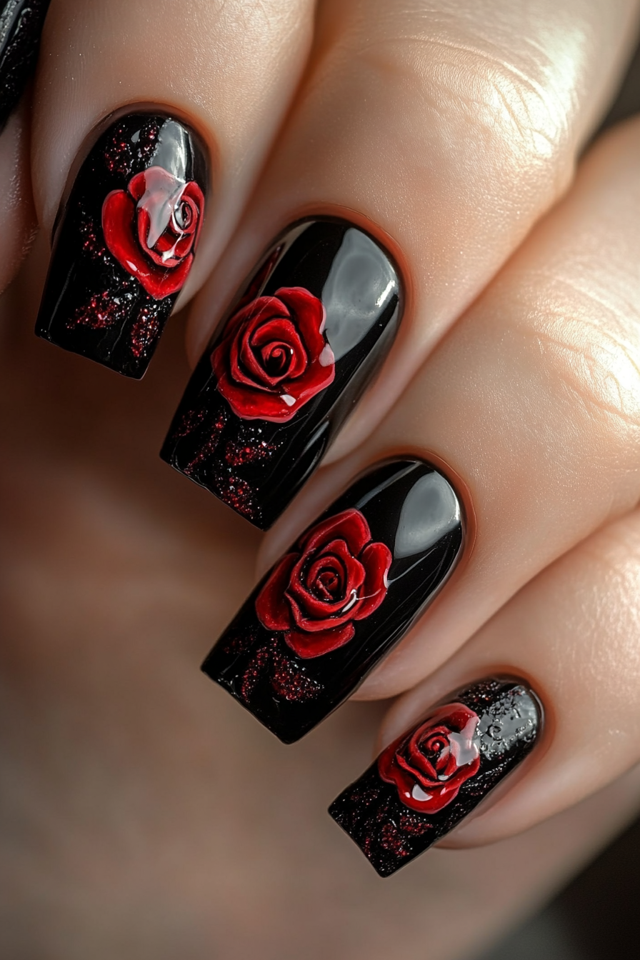 13. Black Nails with Red Rose Art (Red And Black Nail Design Ideas) - Red And Black Nail Design Ideas