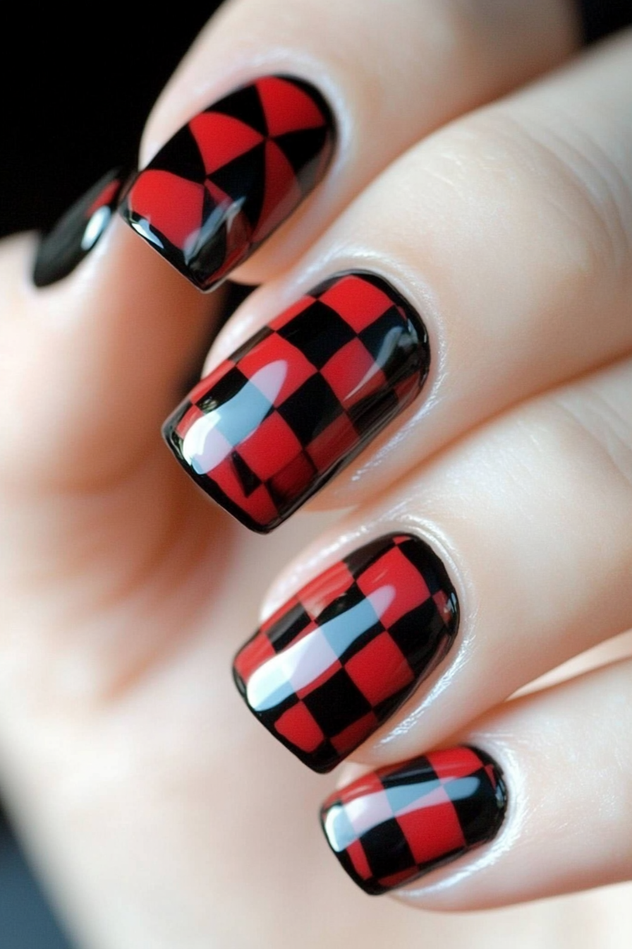 14. Red and Black Checkerboard Pattern (Red And Black Nail Design Ideas) - Red And Black Nail Design Ideas