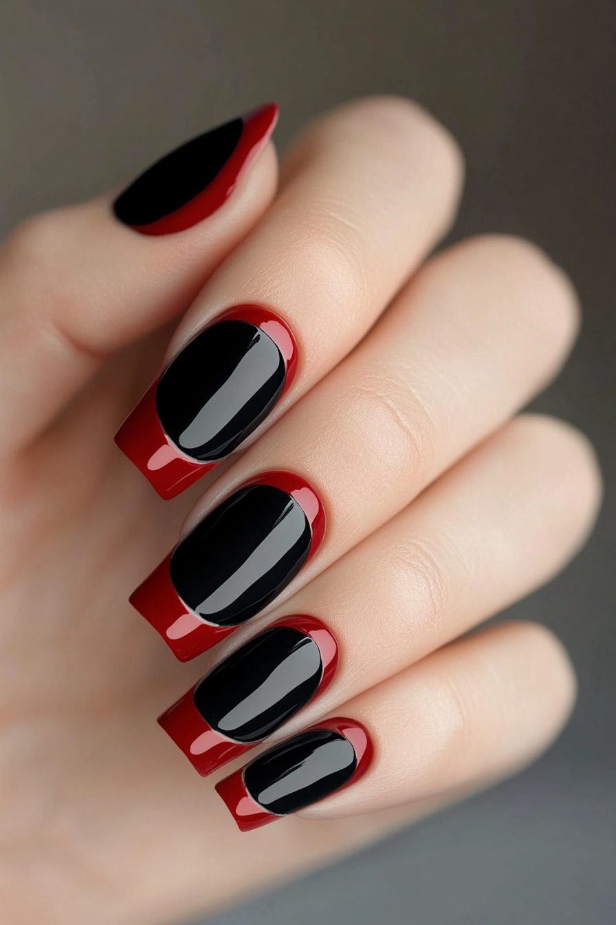 15. Black Nails with Red Half-Moons (Red And Black Nail Design Ideas) - Red And Black Nail Design Ideas