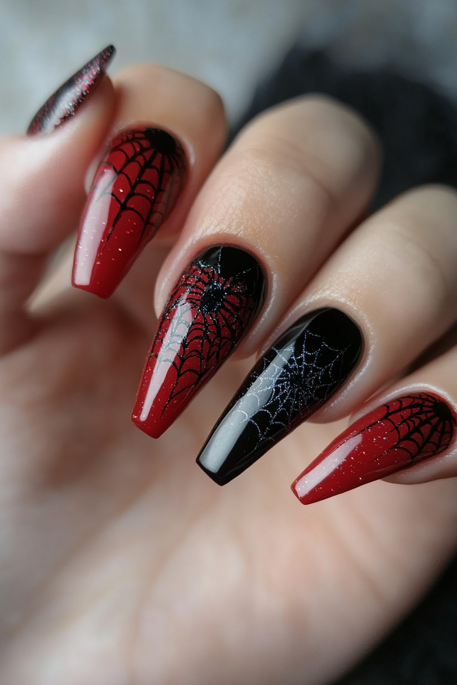 16. Red Nails with Black Spider Webs (Red And Black Nail Design Ideas) - Red And Black Nail Design Ideas