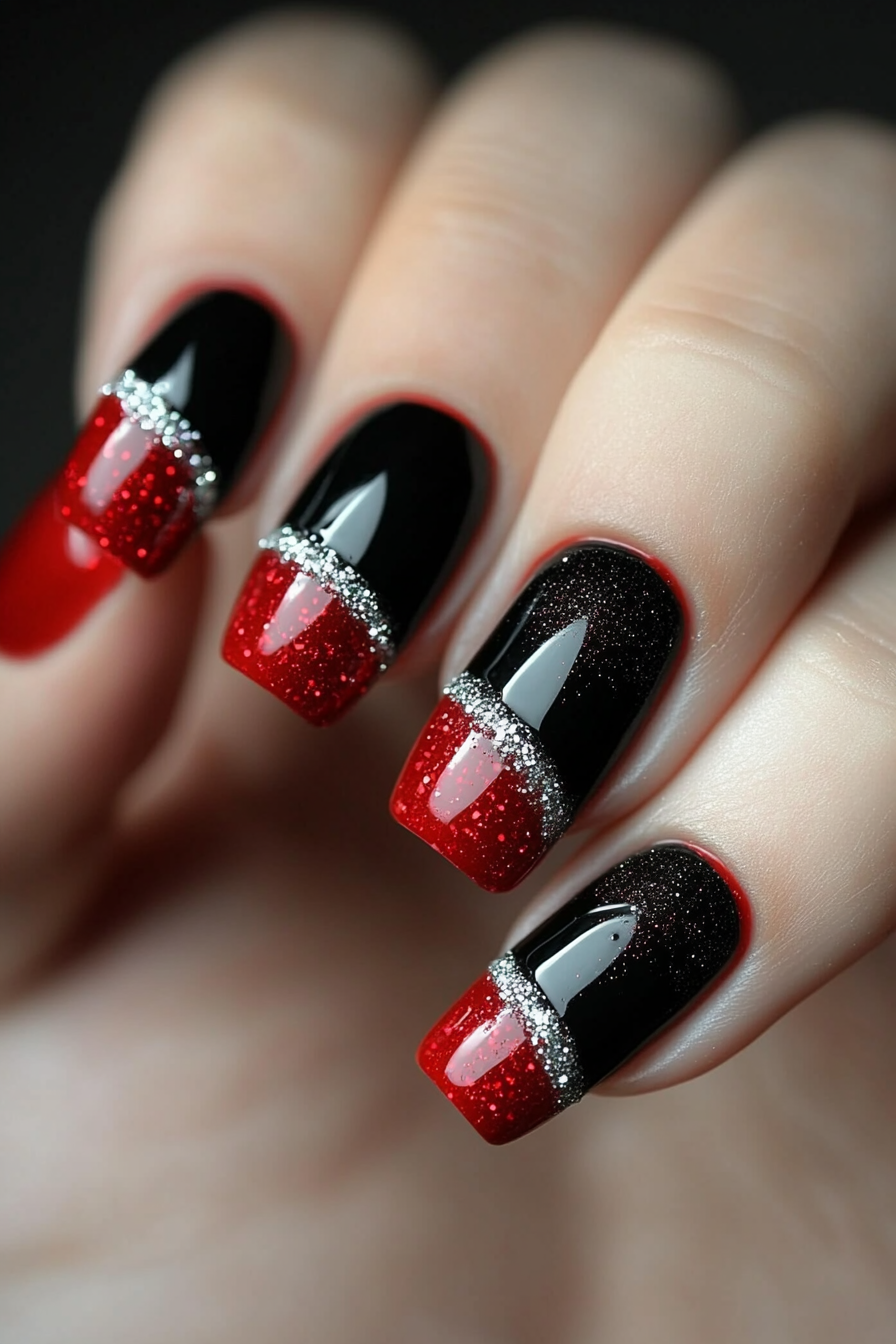 17. Black Nails with Red Tips and Silver Glitter (Red And Black Nail Design Ideas) - Red And Black Nail Design Ideas