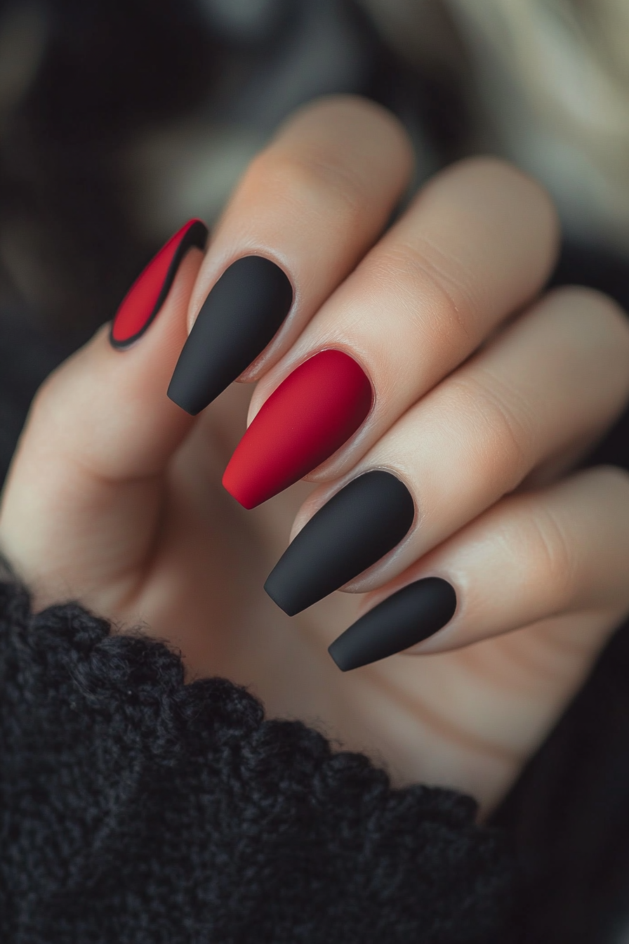 18. Red Matte Nails with Black Glossy French Tips (Red And Black Nail Design Ideas) - Red And Black Nail Design Ideas