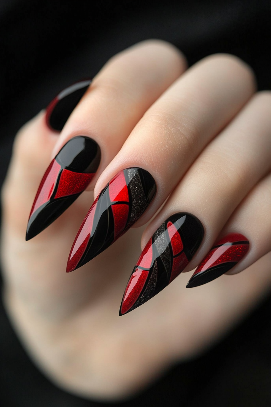 19. Black Nails with Red Geometric Patterns (Red And Black Nail Design Ideas) - Red And Black Nail Design Ideas
