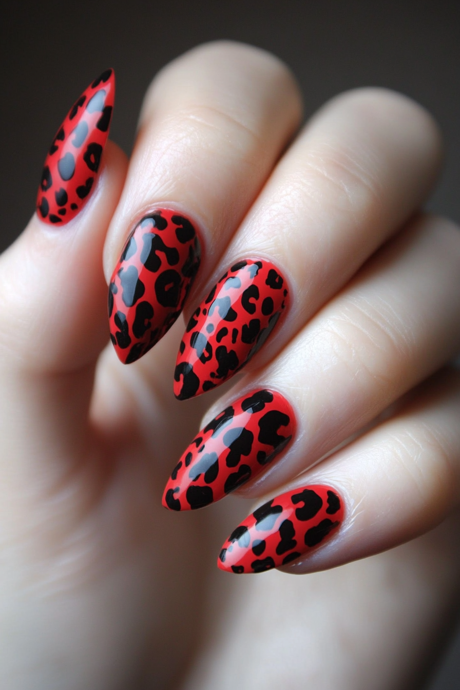 20. Red Nails with Black Leopard Print (Red And Black Nail Design Ideas) - Red And Black Nail Design Ideas