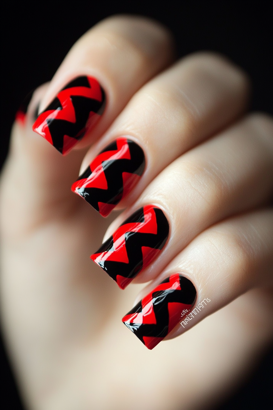 22. Red Nails with Black Zigzag Patterns (Red And Black Nail Design Ideas) - Red And Black Nail Design Ideas