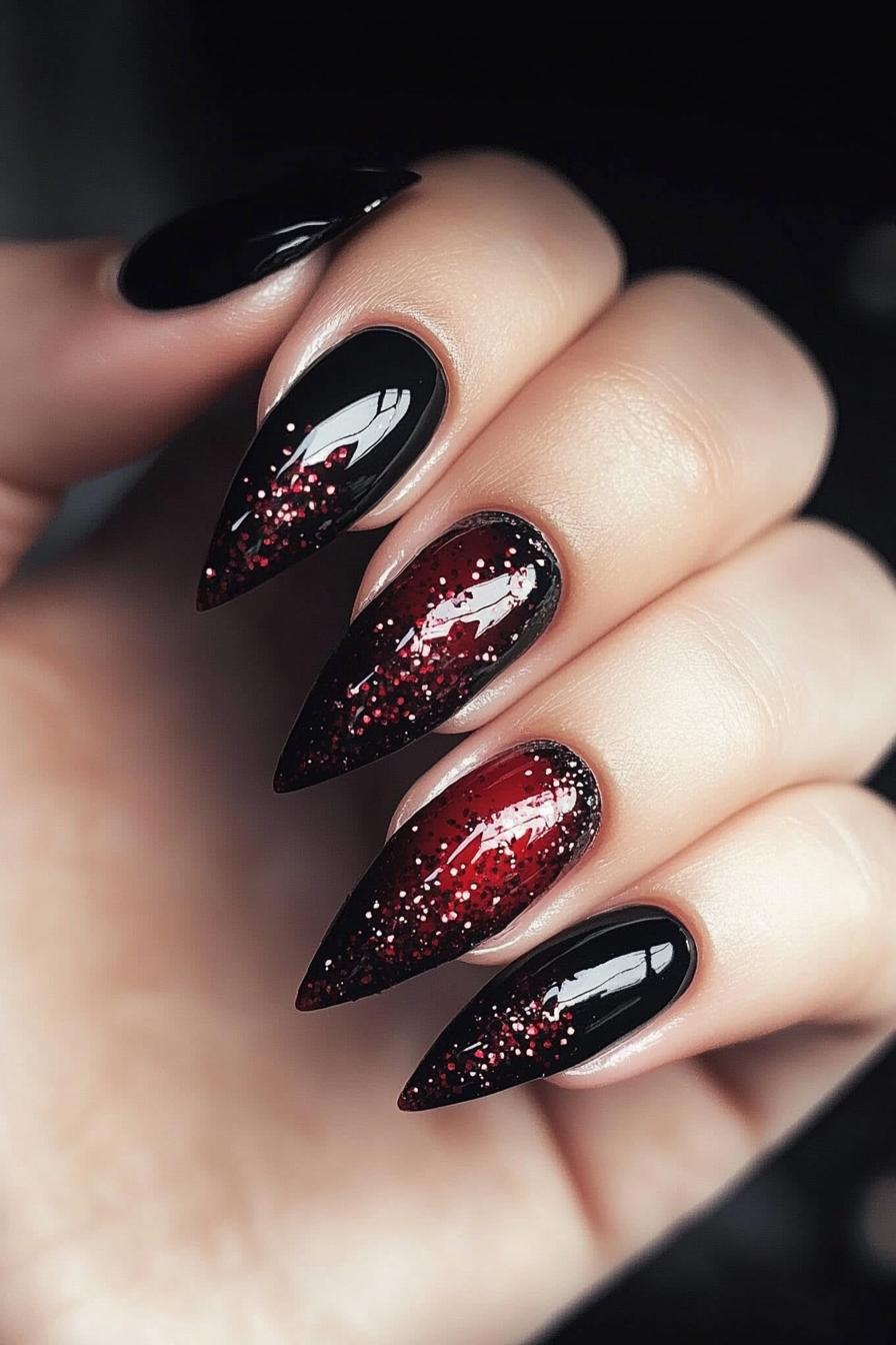 23. Black Nails with Red Glitter Accents (Red And Black Nail Design Ideas) - Red And Black Nail Design Ideas