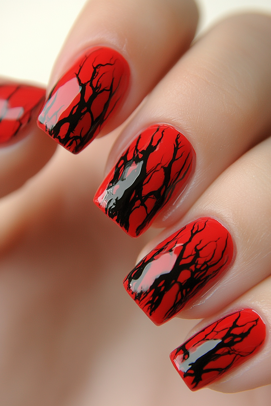 24. Red Nails with Black Abstract Art (Red And Black Nail Design Ideas) - Red And Black Nail Design Ideas