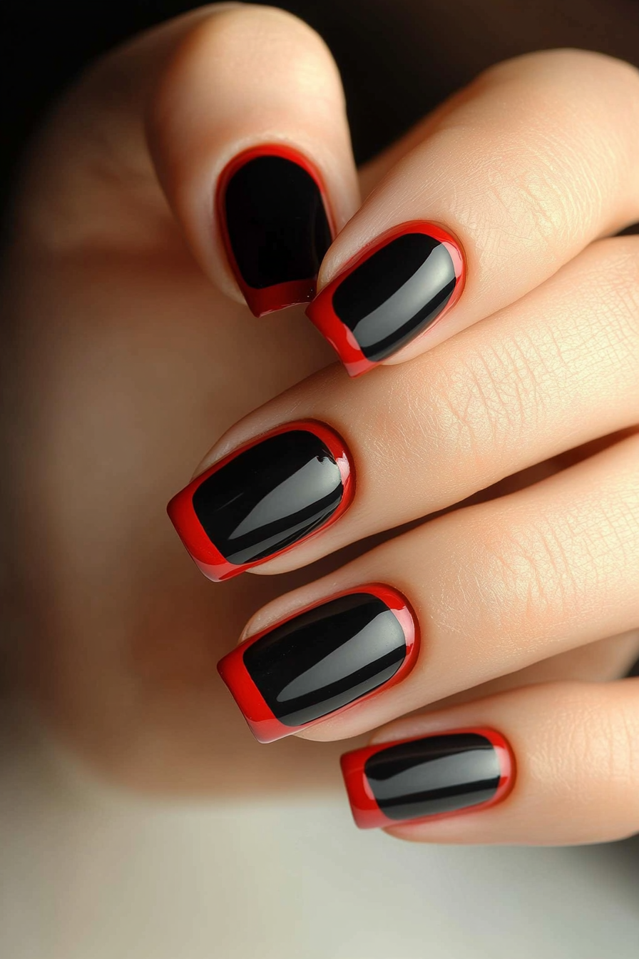 25. Black Nails with Red Striped Tips (Red And Black Nail Design Ideas) - Red And Black Nail Design Ideas