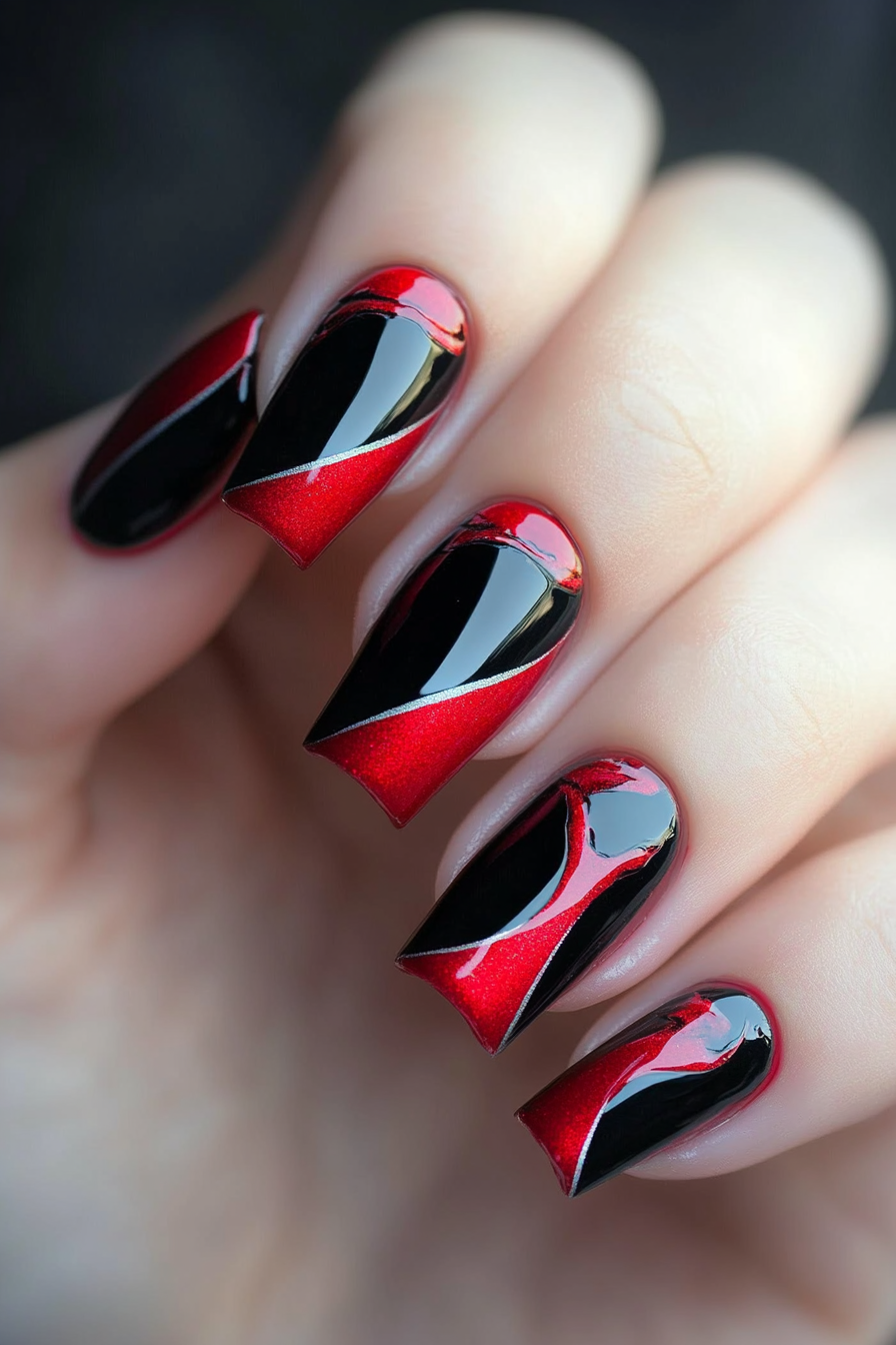 27. Black Nails with Red Foil Accents (Red And Black Nail Design Ideas) - Red And Black Nail Design Ideas
