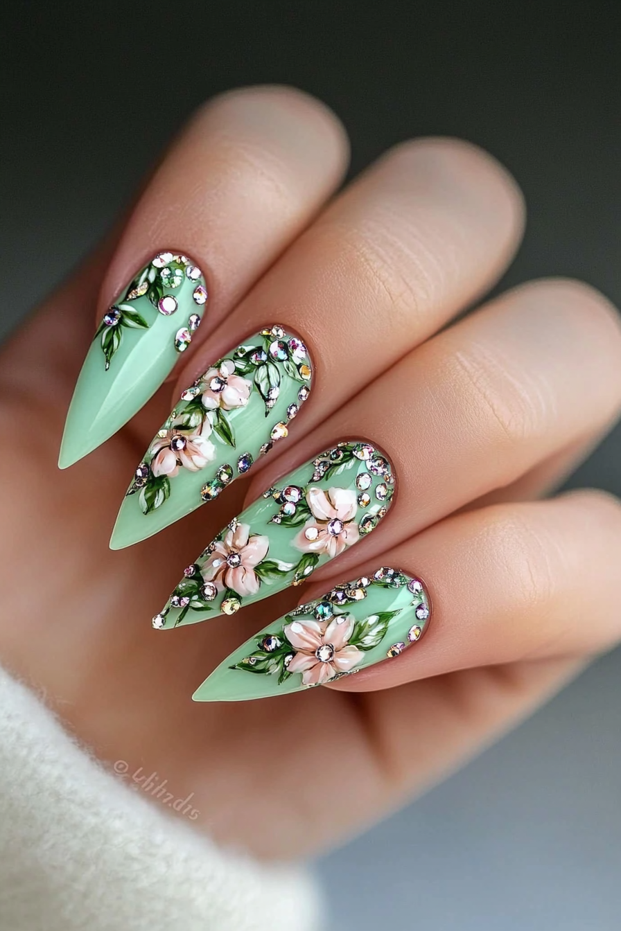 4. Garden Party Glam (Rhinestone Nail Design Ideas) - Rhinestone Nail Design Ideas