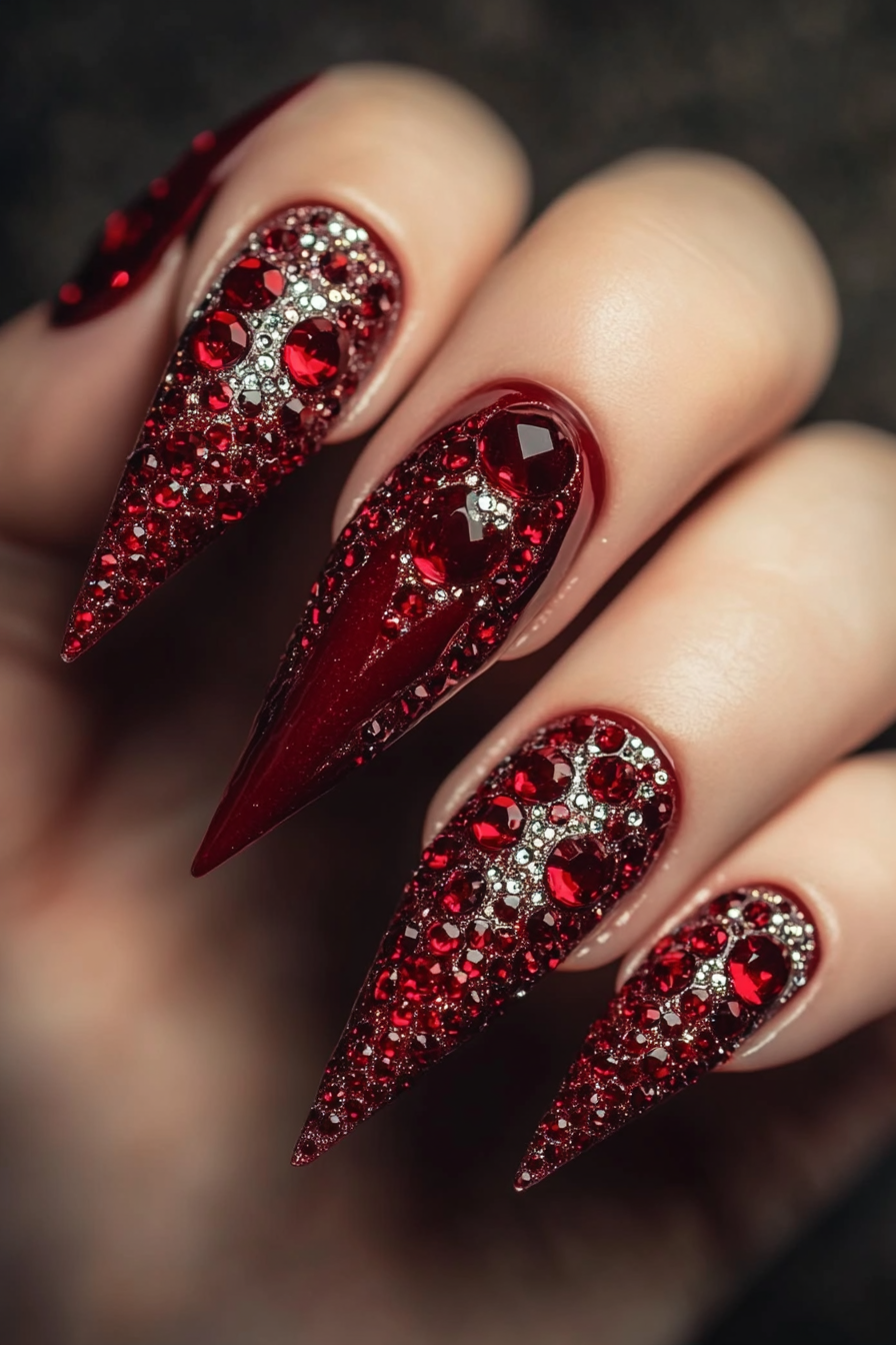 5. Royal Ruby (Rhinestone Nail Design Ideas) - Rhinestone Nail Design Ideas