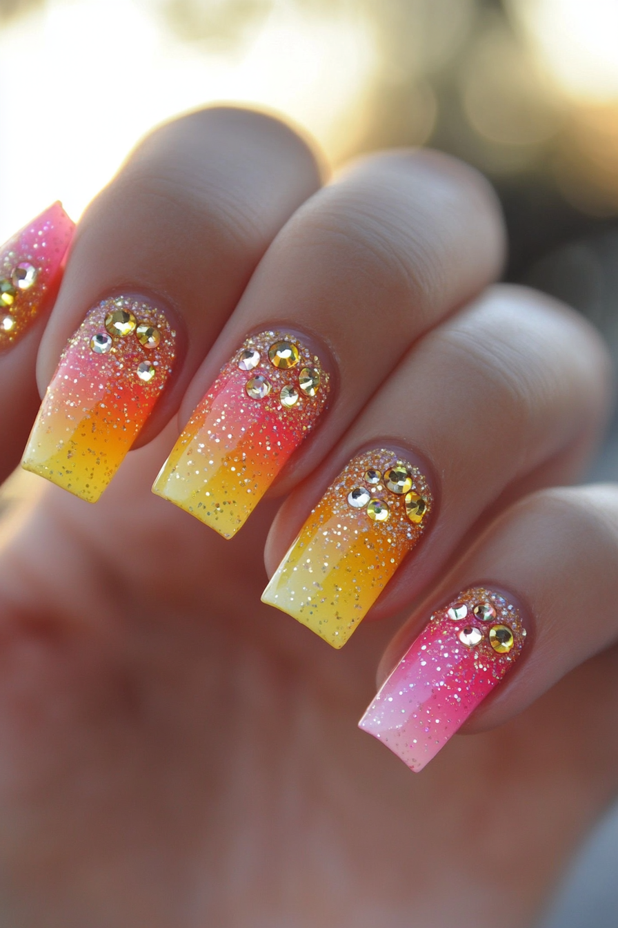 6. Sunset Shimmer (Rhinestone Nail Design Ideas) - Rhinestone Nail Design Ideas