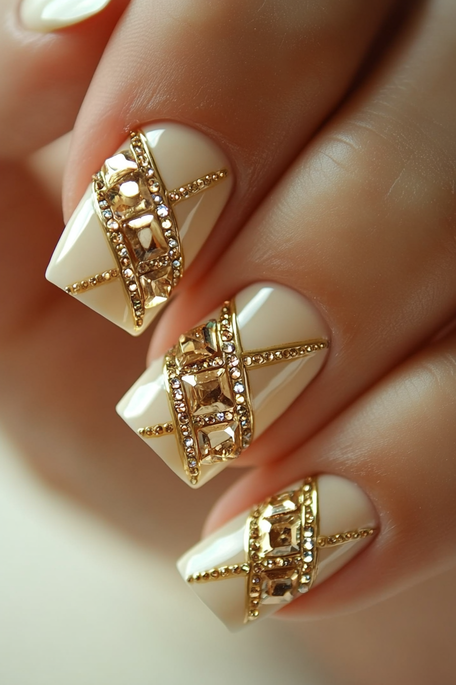 8. Golden Glamour (Rhinestone Nail Design Ideas) - Rhinestone Nail Design Ideas