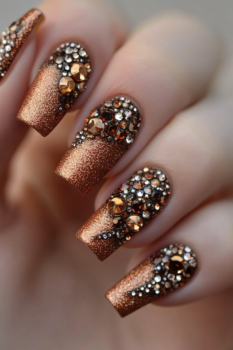 14. Bronze Beauty (Rhinestone Nail Design Ideas) - Rhinestone Nail Design Ideas