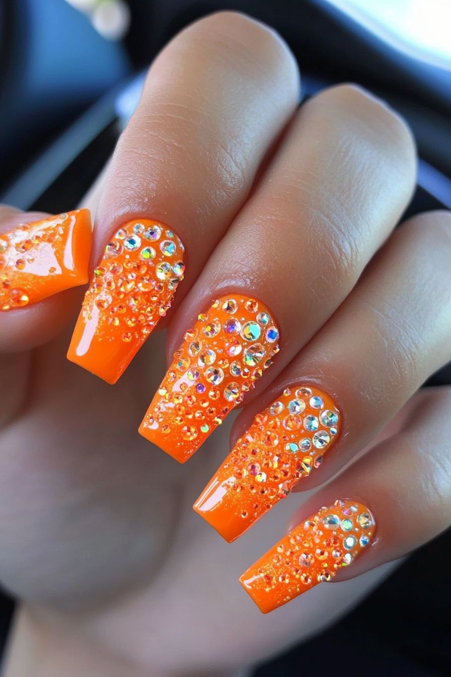 16. Tangerine Dream (Rhinestone Nail Design Ideas) - Rhinestone Nail Design Ideas