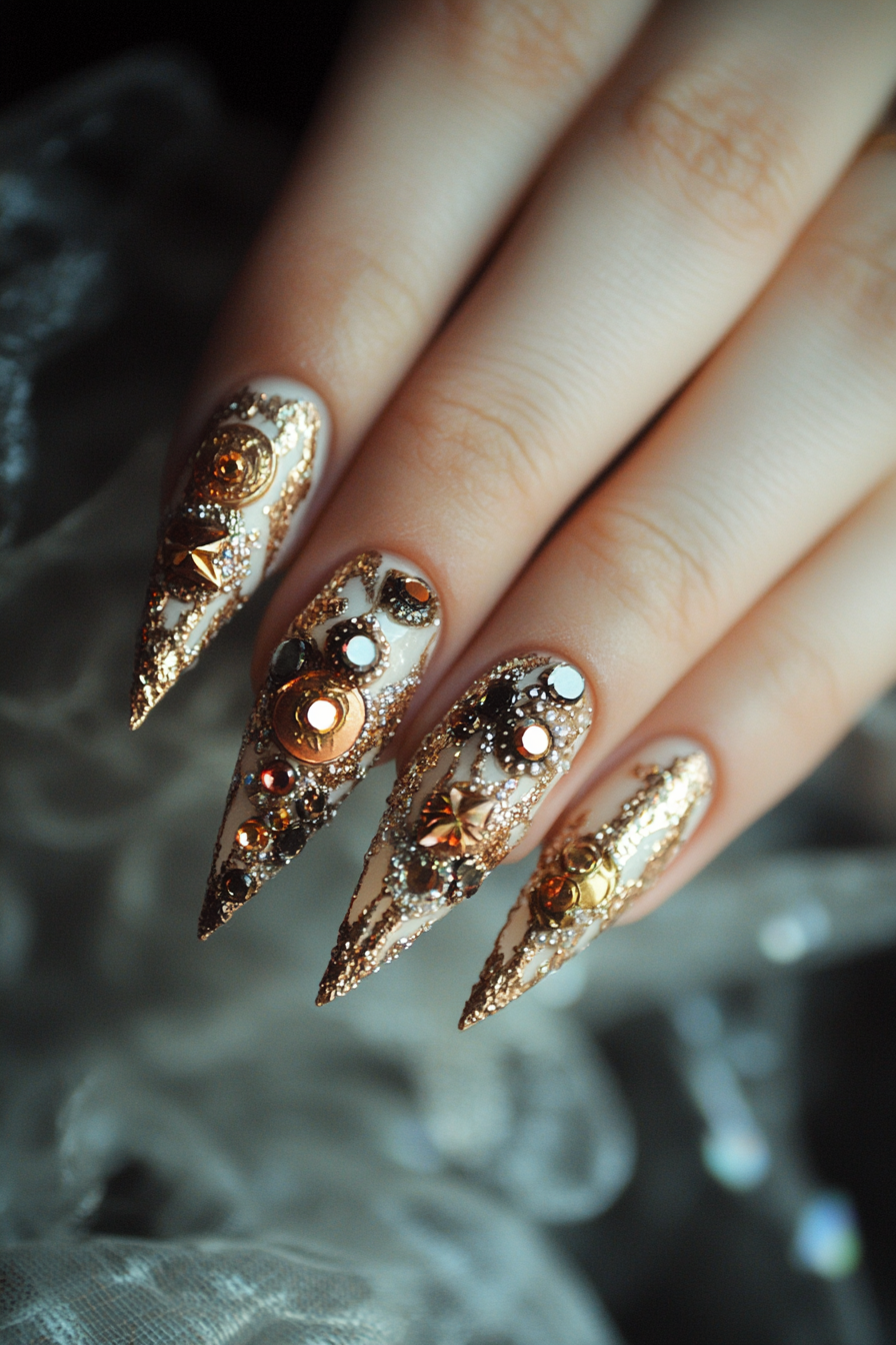 18. Copper Coins (Rhinestone Nail Design Ideas) - Rhinestone Nail Design Ideas