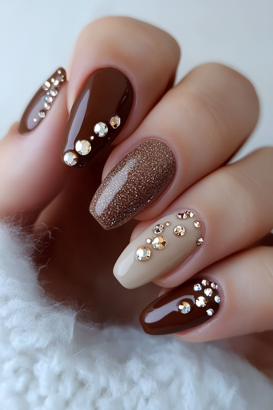 20. Mocha Moments (Rhinestone Nail Design Ideas) - Rhinestone Nail Design Ideas