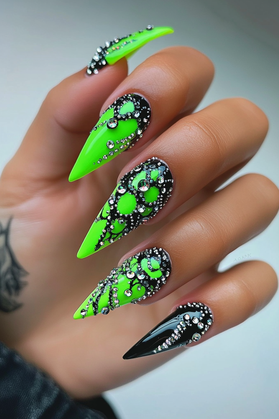 21. Neon Flash (Rhinestone Nail Design Ideas) - Rhinestone Nail Design Ideas