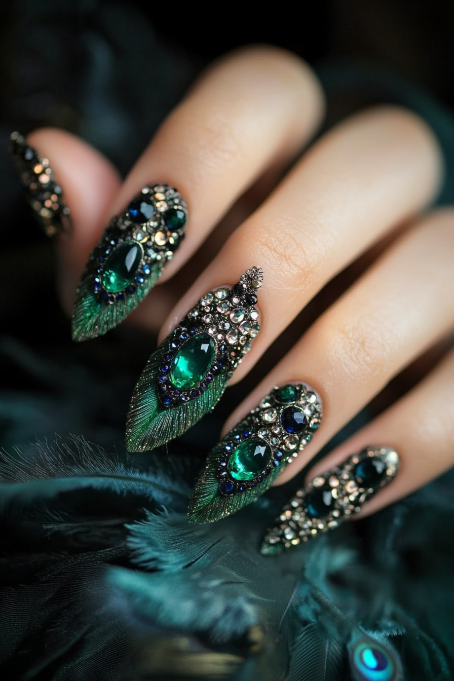 22. Peacock Plume (Rhinestone Nail Design Ideas) - Rhinestone Nail Design Ideas