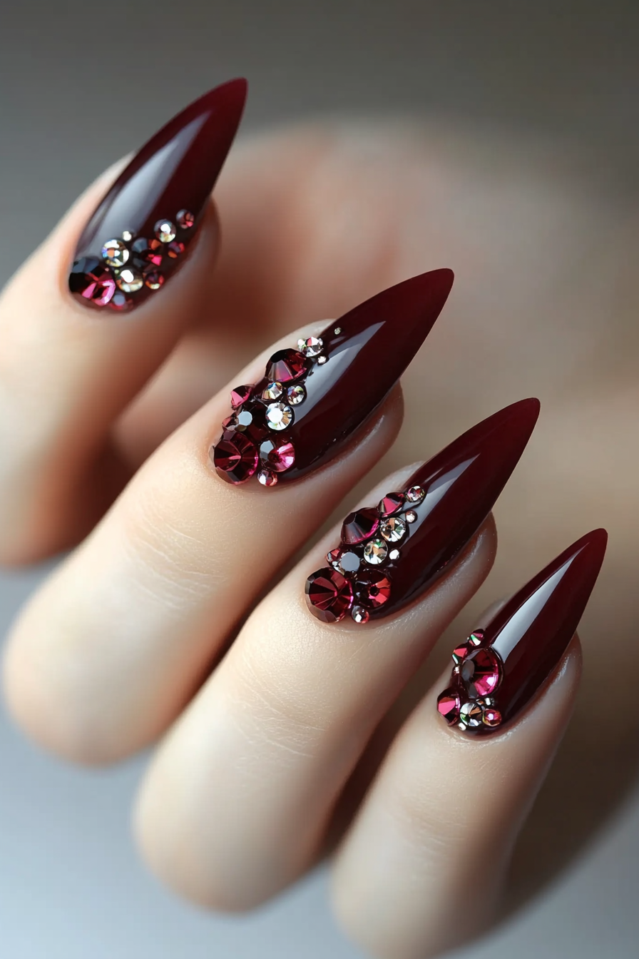25. Burgundy Bliss (Rhinestone Nail Design Ideas) - Rhinestone Nail Design Ideas