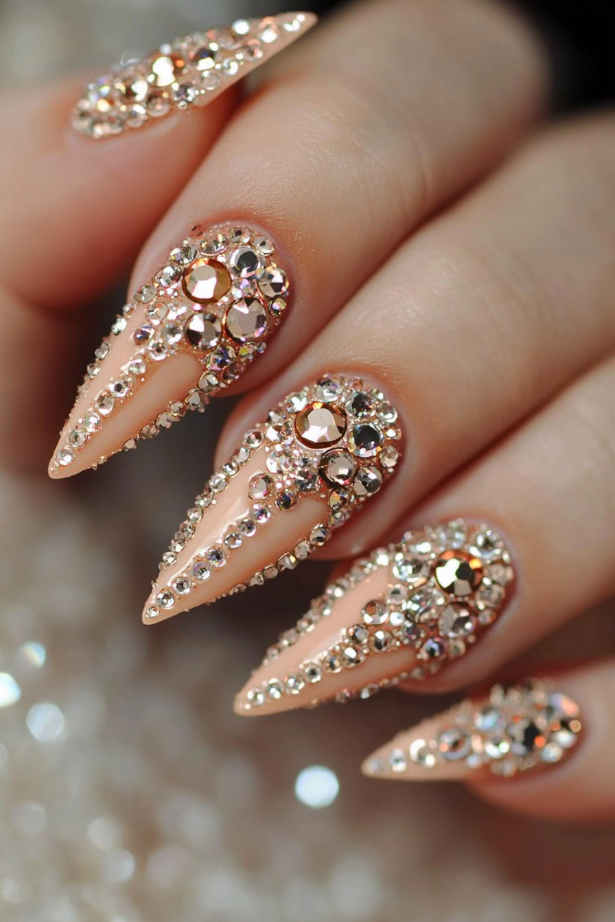 27. Peachy Keen (Rhinestone Nail Design Ideas) - Rhinestone Nail Design Ideas