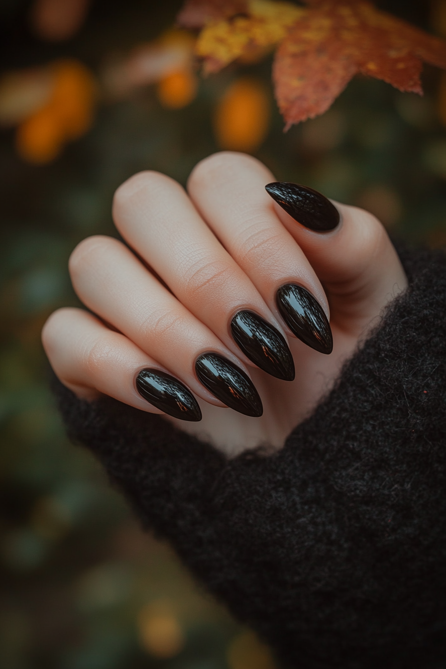 7. Glossy Black Night (Short Almond Nail Design Ideas) - Short Almond Nail Design Ideas