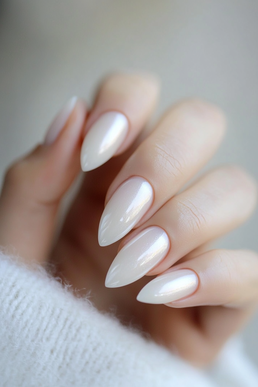 9. Pearly White Elegance (Short Almond Nail Design Ideas) - Short Almond Nail Design Ideas