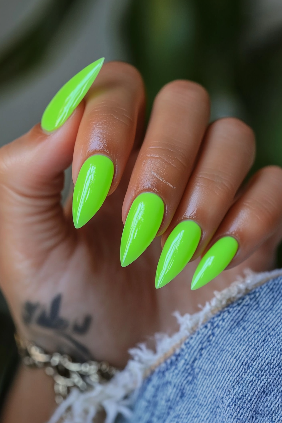 15. Electric Lime Shock (Short Almond Nail Design Ideas) - Short Almond Nail Design Ideas
