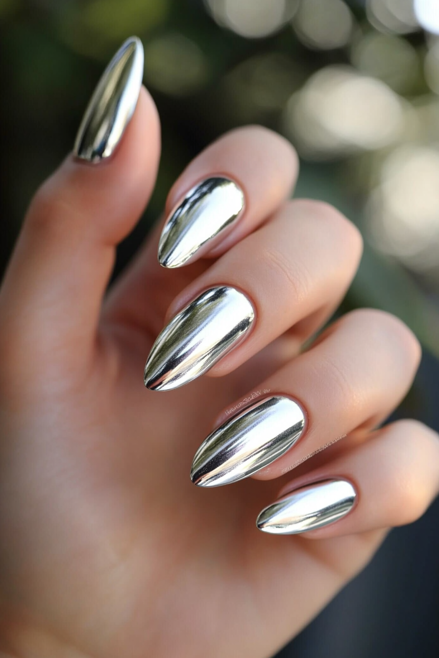 16. Metallic Silver Flash (Short Almond Nail Design Ideas) - Short Almond Nail Design Ideas