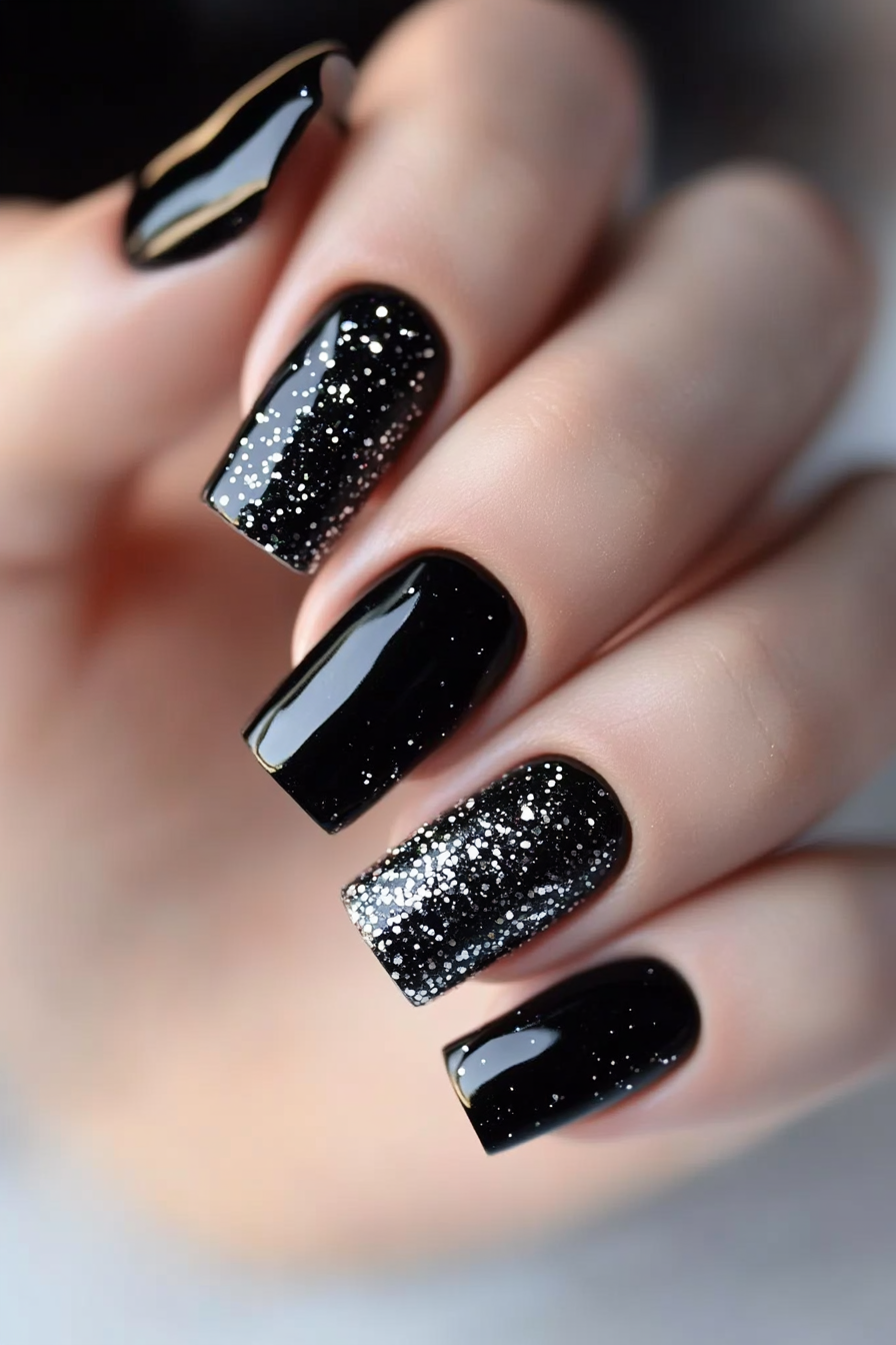 2. Cosmic Glitter (Short Black Nail Design Ideas) - Short Black Nail Design Ideas