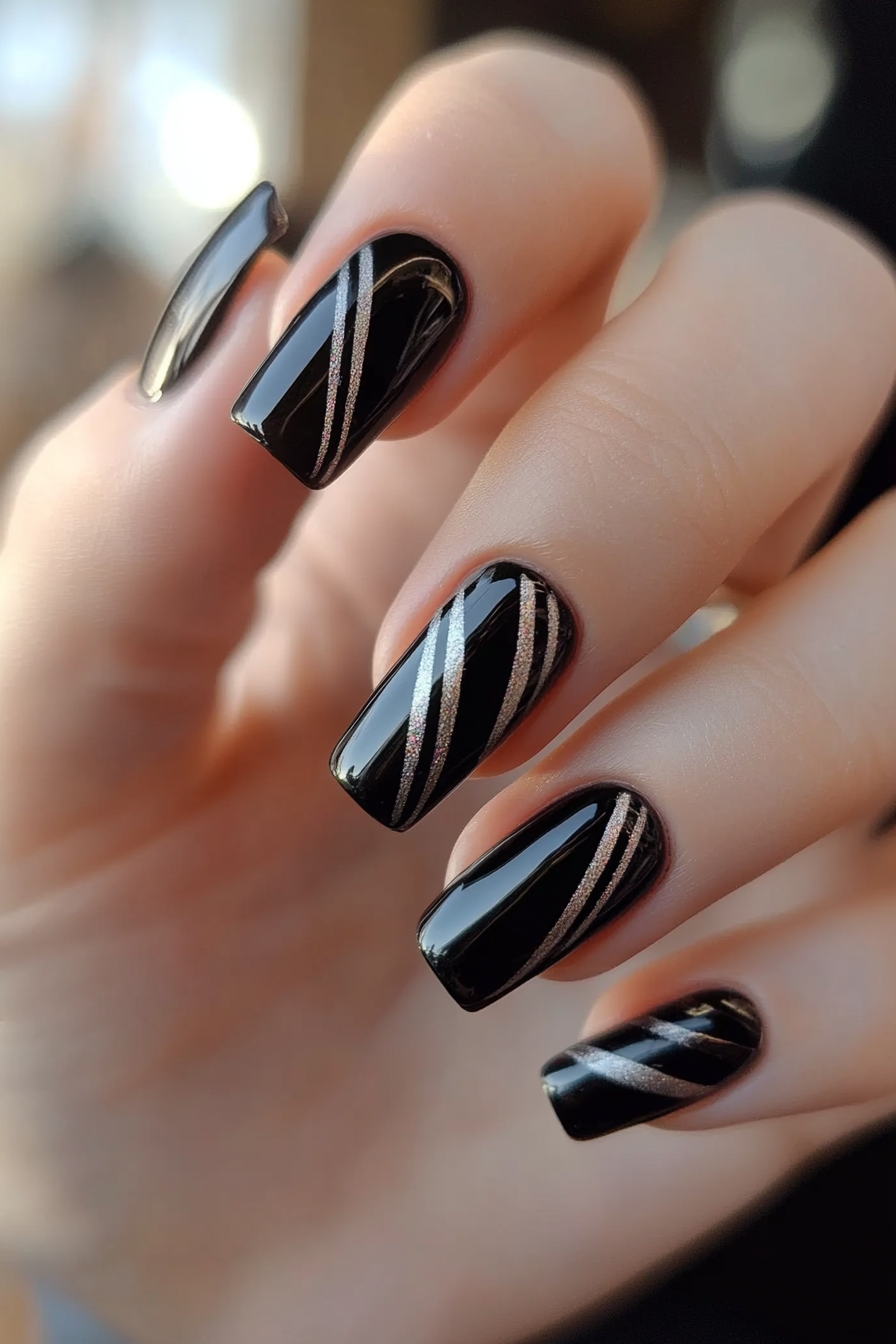 5. Bold Stripes (Short Black Nail Design Ideas) - Short Black Nail Design Ideas